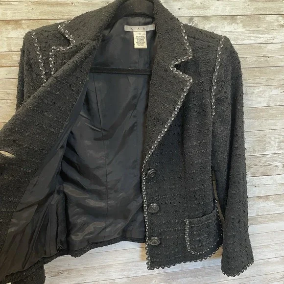 CAbi Womens 2‎ Blazer Jacket Black Textured Tweed 3 Button #881 Professional - Picture 4 of 10